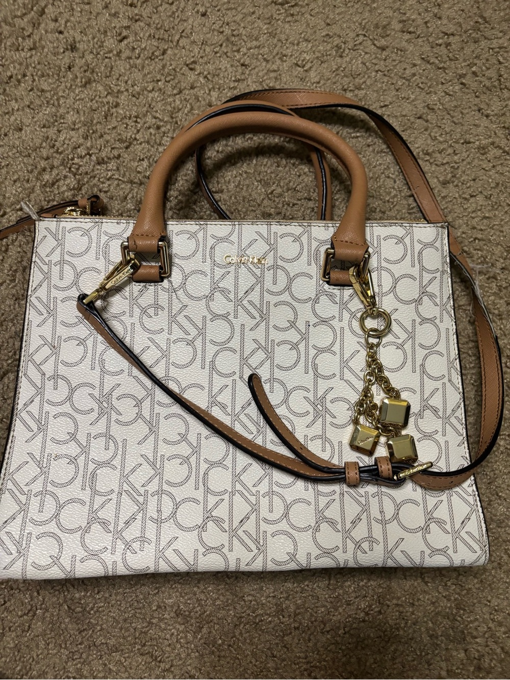 Calvin Klein White & Tan CK Monogram Satchel with Gold Accents